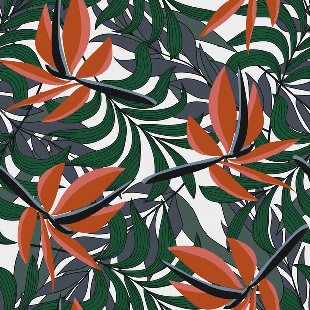 Vector trend seamless pattern with tropical leaves and strelitzia