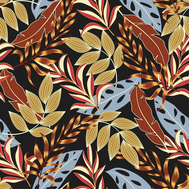 Trend seamless tropical pattern with bright blue and red plants and leaves