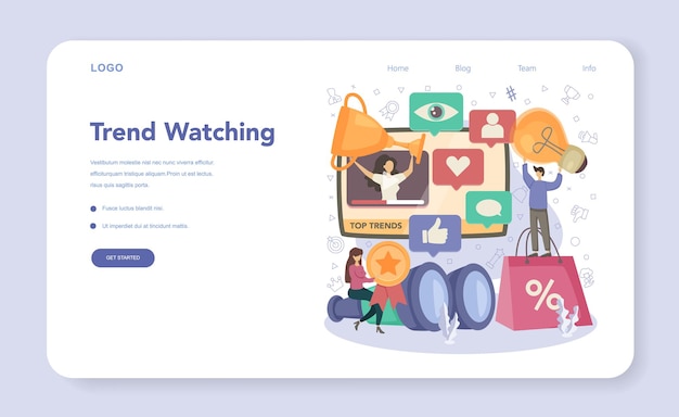 Trend watcher web banner or landing page. specialist in tracking the emergence of new business trends. market trend analysis and project promotion. flat vector illustration