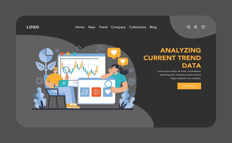 Vector trend watching dark or night mode web or landing specialist tracking new business trends forecasting