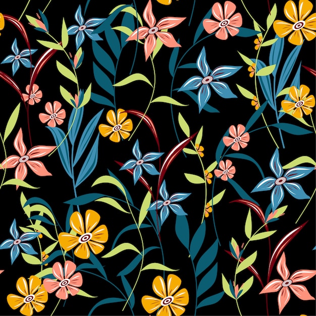Trending abstract seamless pattern with colorful tropical leaves and flowers on a dark background