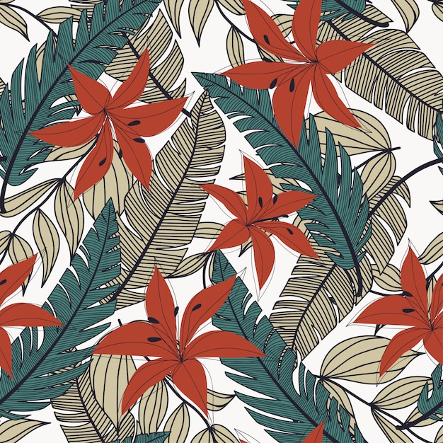 Trending abstract seamless pattern with colorful tropical leaves and flowers on white background