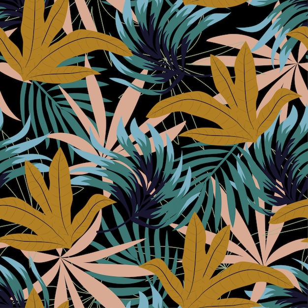 Тенденции абстрактный бесшовные модели с разноцветными тропическими листьями и растениями на синем фоне