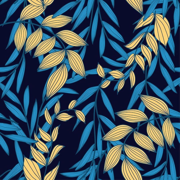 Trending abstract seamless pattern with colorful tropical leaves and plants on a dark