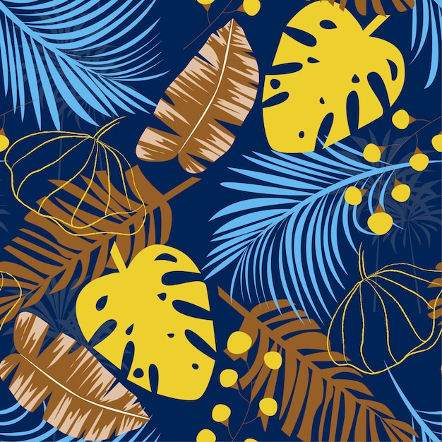 Trending bright seamless pattern with colorful tropical leaves and plants on blue