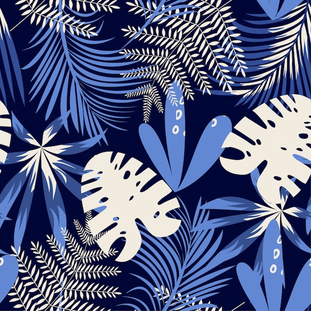 Vector trending bright seamless pattern with colorful tropical leaves and plants on dark