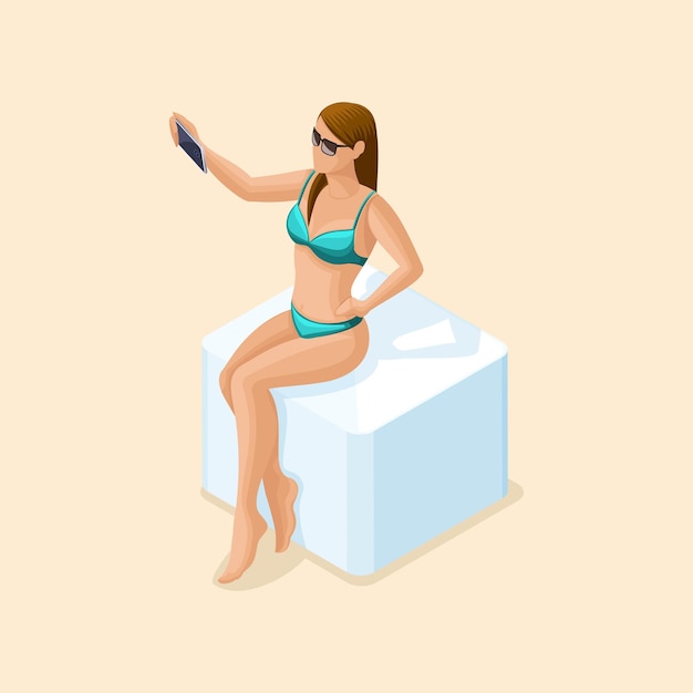 Vettore persone isometriche di tendenza ragazza sexy 3d in costume da bagno seduto sulla spiaggia