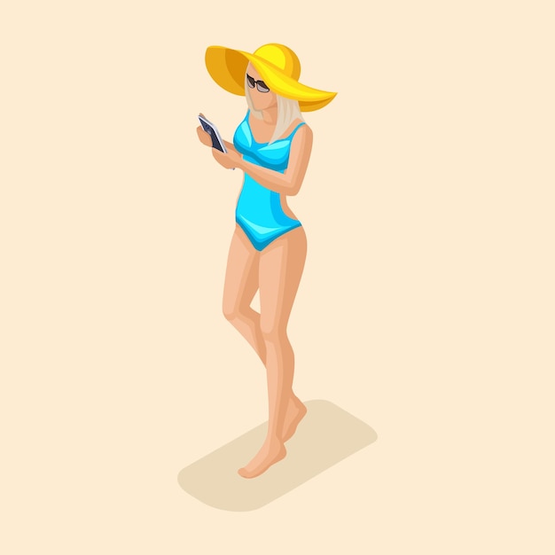 Trending isometric people 3d sexy girl in swimsuit walking on the beach