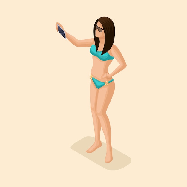 Vettore persone isometriche di tendenza ragazza sexy 3d in costume da bagno che cammina sulla spiaggia