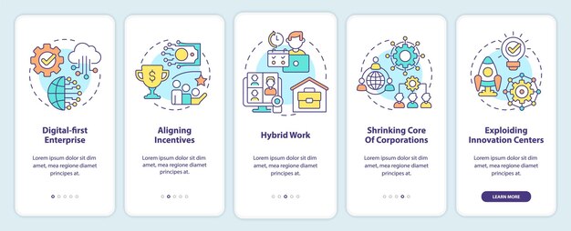 Trends in enterprise onboarding mobile app screen Business development walkthrough 5 steps graphic instructions pages with linear concepts UI UX GUI template Myriad ProBold Regular fonts used