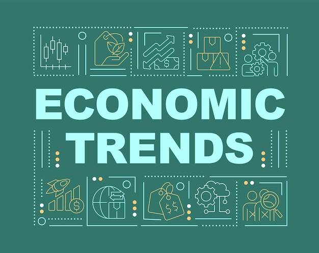 Trends in economie woord concepten groene banner Tendensen in het bedrijfsleven Infographics met pictogrammen op gekleurde achtergrond Geïsoleerde typografie Vectorillustratie met tekst ArialBlack lettertype gebruikt