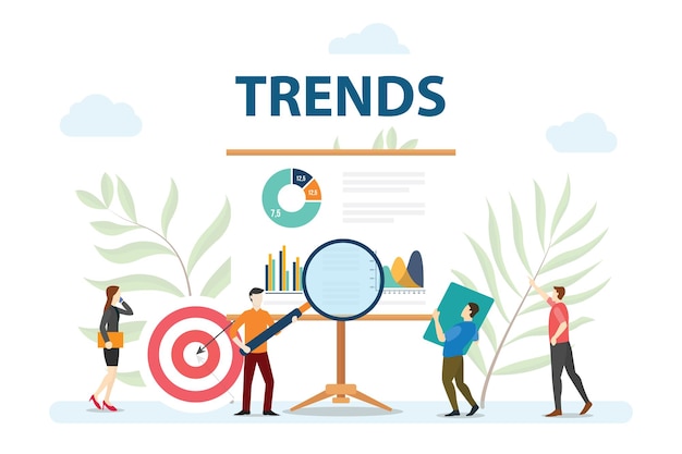 Trends market forecasting people analyze data from graph and chart with modern flat style vector