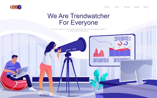 Trendwatcher 개념 아이소메트릭 랜딩 페이지 사람들은 트렌드를 분석하고 마케팅을 만드는 새로운 데이터