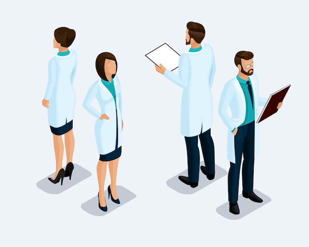 Модные 3D изометрические медицинские работники, врач-хирург, медсестра, вид спереди и сзади