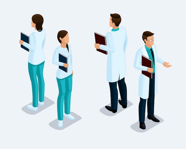 Vector trendy 3d isometric medical workers doctor surgeon nurse front view and rear view