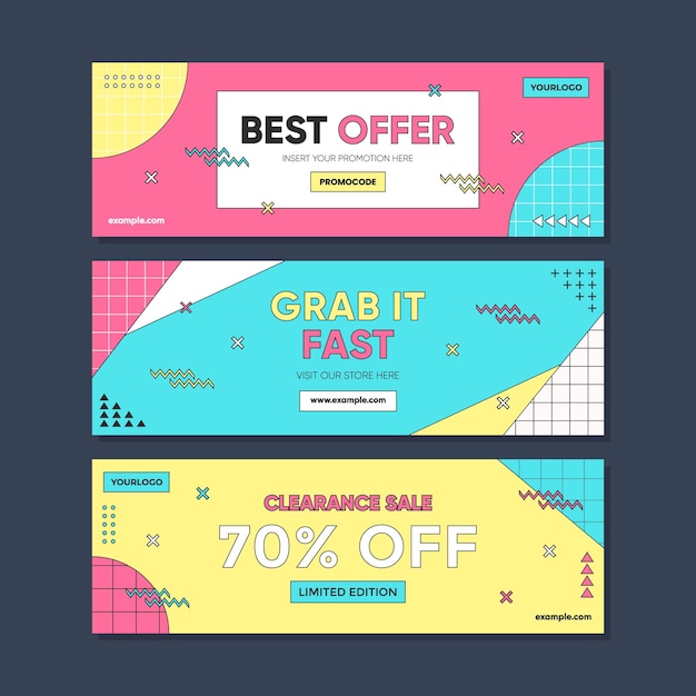 Vector trendy abstract geometric horizontal banner promotion sale template with y2k concept