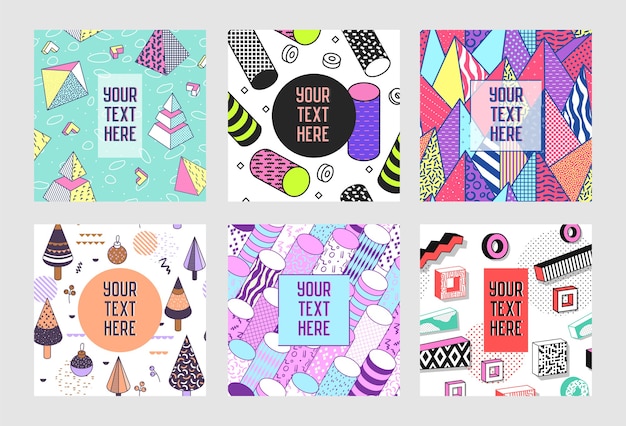 Vector trendy abstract memphis poster templates set with place for your text. hipster geometric banners backgrounds 80-90 vintage style.