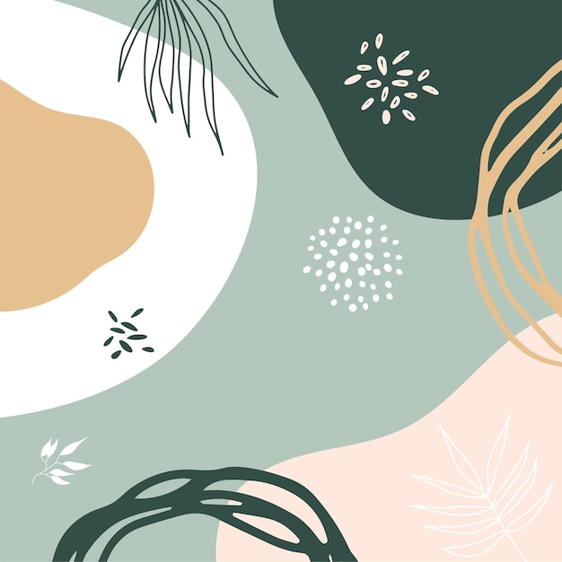 Trendy abstract minimalist organic background with flowing liquid shapes, floral, brush, leaves, hand drawn textures and blob. Tan, nude, champagne, beige, pastel, pink, brown, earth tone color style.