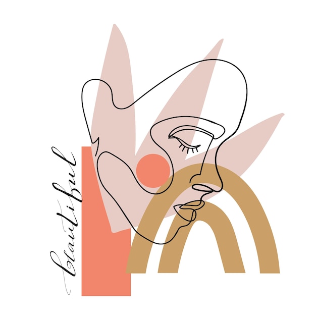 Trendy abstract one line woman face with terracotta shapes