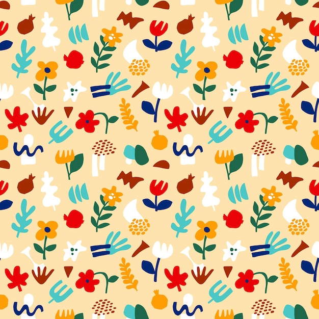 Trendy abstract pattern, geometric shapes in contemporary style. Vector floral seamless pattern flower,leaves in modern collage style.Abstract shapes hand drawn illustration.Colorful trendy background