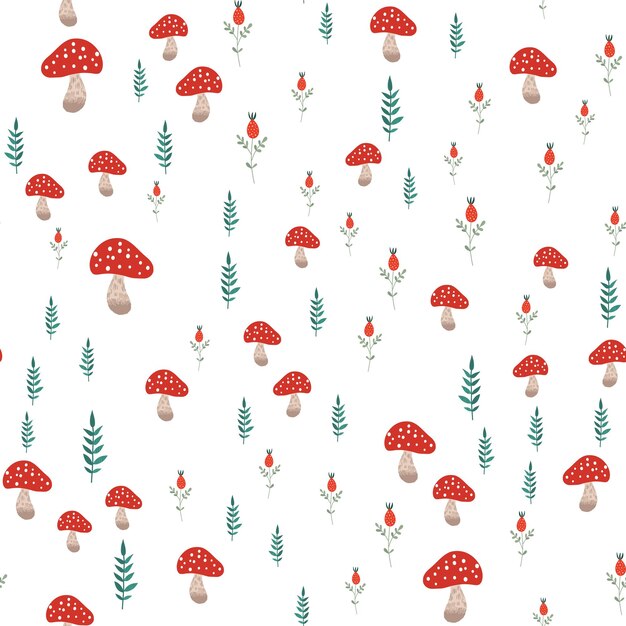 Trendy abstract pattern with mushrooms on white background. Summer background. Vintage background.