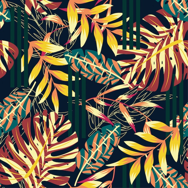 Модный абстрактный бесшовные модели с разноцветными тропическими листьями и цветами