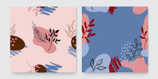 Trendy abstracte vierkante kunstsjablonen met bloemen en geometrische elementen. Geschikt voor posts op sociale media, mobiele apps, bannerontwerp en web- of internetadvertenties. Mode achtergronden