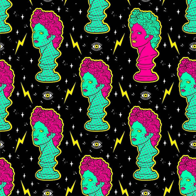 Trendy acid seamless pattern with ancient sculpture in psychedelic cosmic style