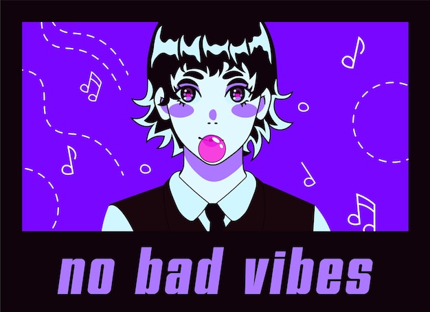벡터 귀여운 소녀와 no bad vibes 캡션이 포함된 트렌디한 애니메이션 포스터