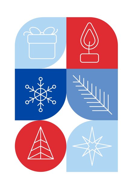 Trendy bauhaus patroon kerstposter Vector geometrische wintervormen in blauwe en rode kleuren