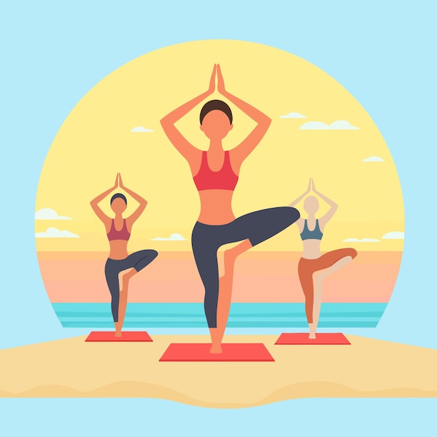 Trendy Beach Fitness Retreat Serenity in Yoga Poses vector illustratie