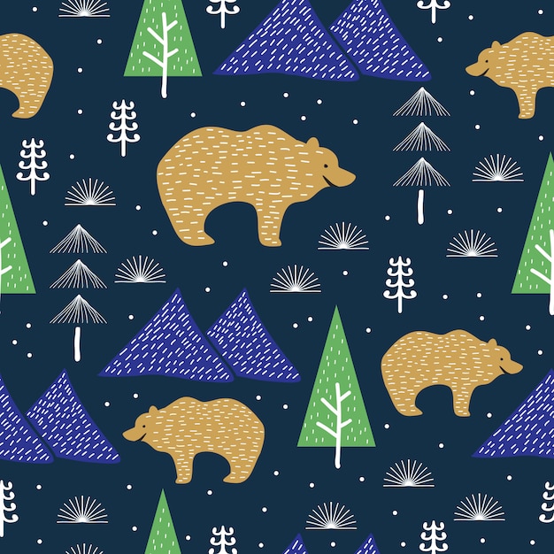 Trendy bear and forest seamless pattern for winter season