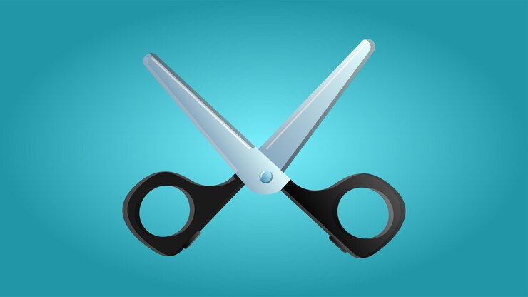 Vector trendy beautiful beauty glamorous trendy sharp metal hairdresser scissors on a blue
