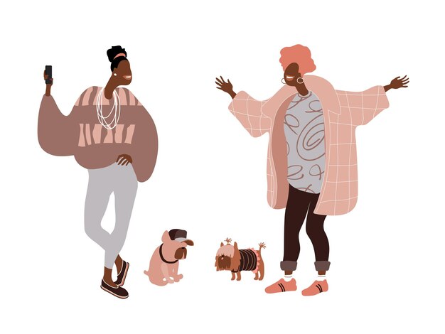 Vector trendy black afroamerican girlfriends on a walk with their pets take selfies for social media