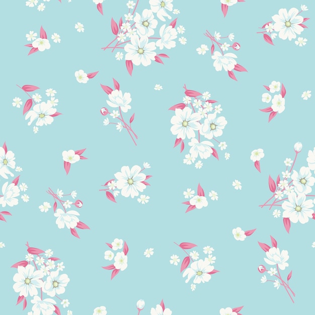 Trendy bloemenachtergrond met elegante kleine bloemen op veld voor digitaal behang en kledingstuk in sierlijke vectorsjabloon in vrijheidsstijl