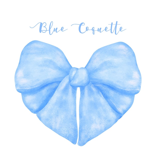 Vector trendy blue coquette ribbon bow in heart shape watercolor hand painting soft pastel set