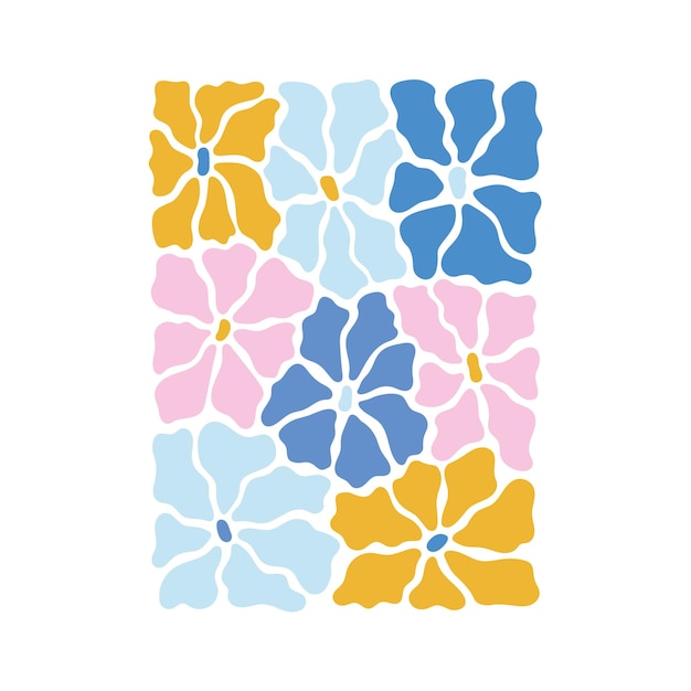 Illustrazione vettoriale botanica alla moda in colori rosa giallo blu con fiori ondulati in stile matisse bouquet astratto groovy per cartelloni stampati tessili