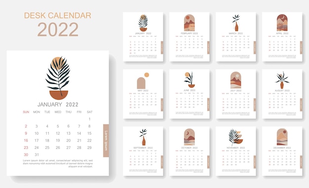 Trendy botanische boho mid century bureaukalender 2022