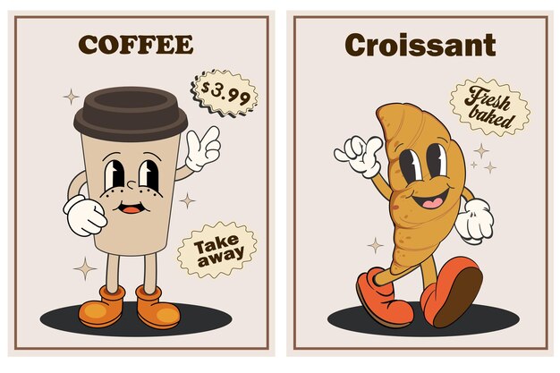 Trendy cartoon retro poster met een kop koffie en een croissant Vintage bord restaurant bar