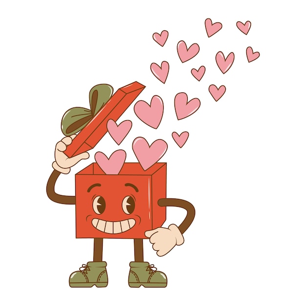 Модный персонаж мультфильма заводная подарочная коробка с летающими сердцами в стиле ретро 60-х 70-х годов эстетика винтажная векторная иллюстрация концепция Дня святого Валентина