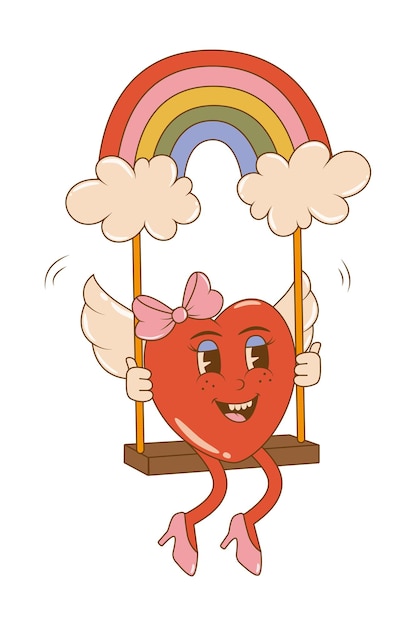 Trendy characters cartoon groovy heart on a swing in retro style Valentines day concept 60s 70s aesthetics vintage vector illustration