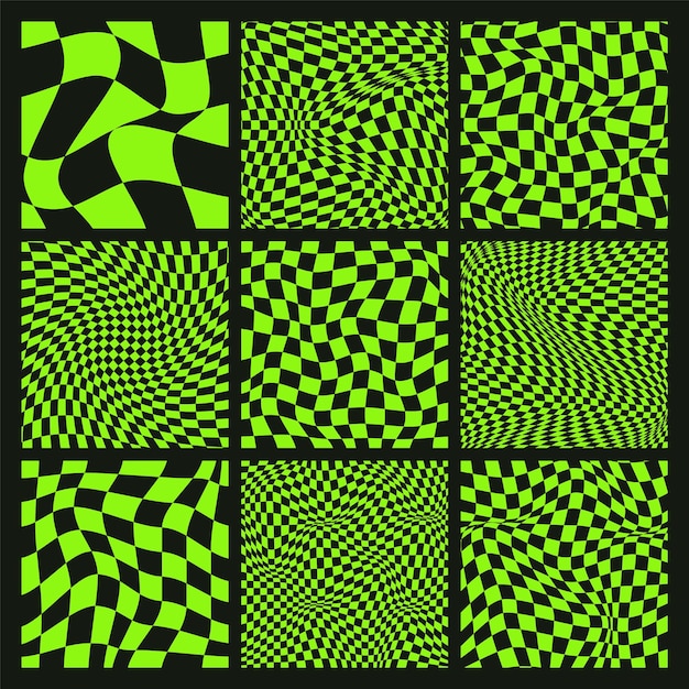 Vector trendy checkered pattern black and green distorted tiled grid wavy curved backdrop distortion effect