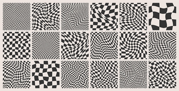 Trendy checkered pattern black and white distorted tiled grid wavy curved backdrop distortion effect