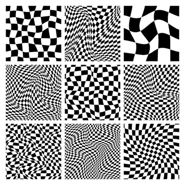 Trendy checkered pattern black and white distorted tiled grid wavy curved backdrop distortion effect