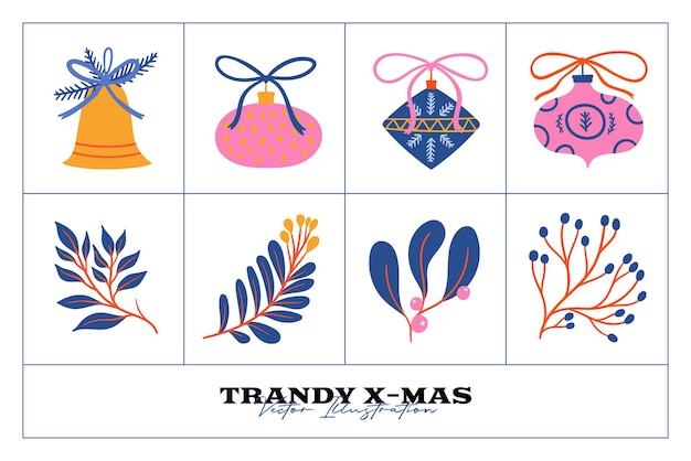 Trendy Christmas cute vector icons new year decoration illustration clipart collection