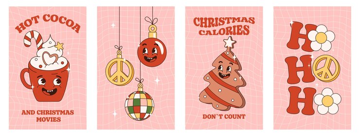 Vector trendy christmas groovy poster set with retro cartoon characters and elements.