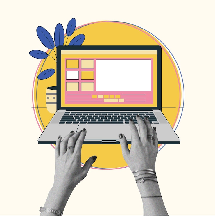 Vector trendy collage design of woman working using vector computer halftoon retro trendy design