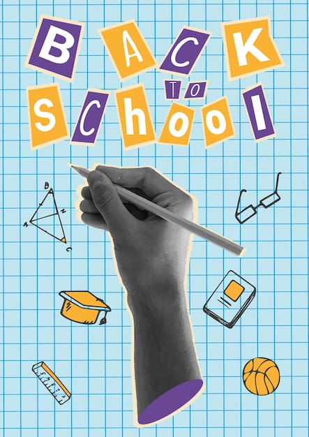 trendy collage poster with halftone hands ripped torn paper modern banner design back to school