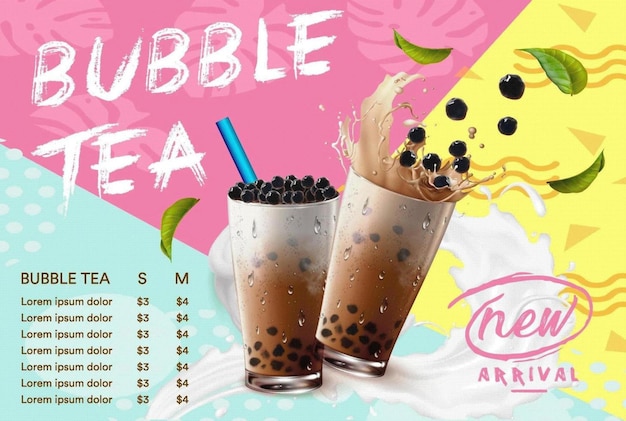 Vector trendy color blocked bubble tea menu