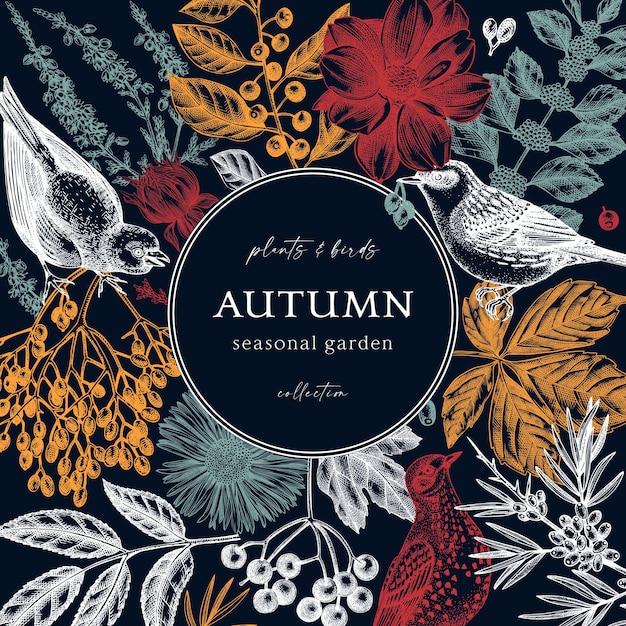 Design autunnale colorato alla moda uccelli su sfondo blu scuro elegante modello botanico